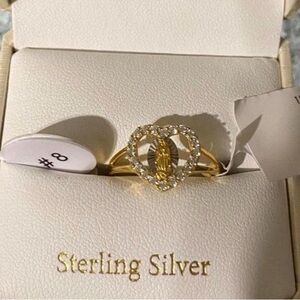 Gold-Tone Heart Ring with Clear Stones and Religious Motif - Gold